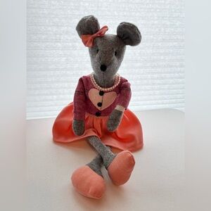Vintage Handmade Felt Mouse Doll Cottagecore Nursery Decor Pink Heart Dress
